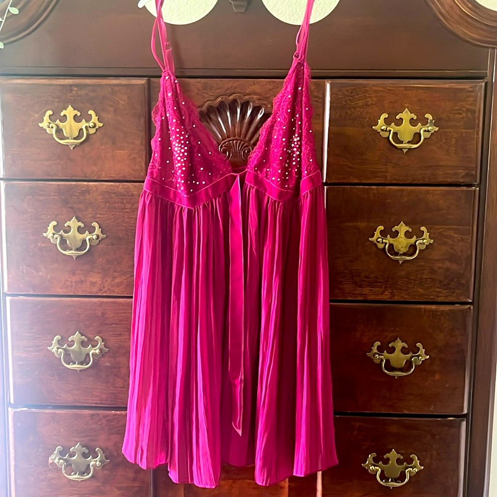 Victoria's Secret Hot Pink Beaded Satin & Chiffon Chemise